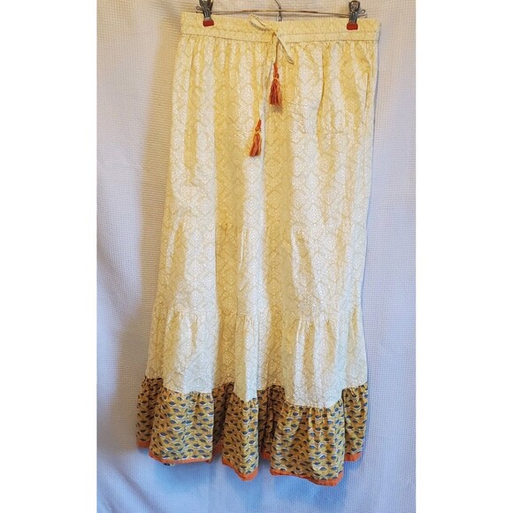 Womes Tiered Maxi Skirt Yellow Damask Peasant Summer - Picture 1 of 12